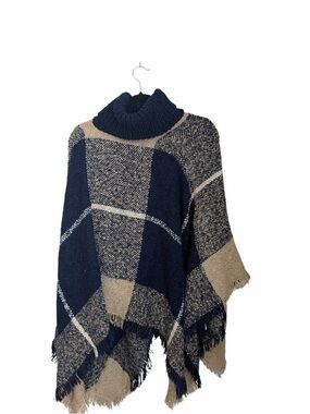 Coco + Carmen Navy and Beige Plaid Turtleneck Poncho